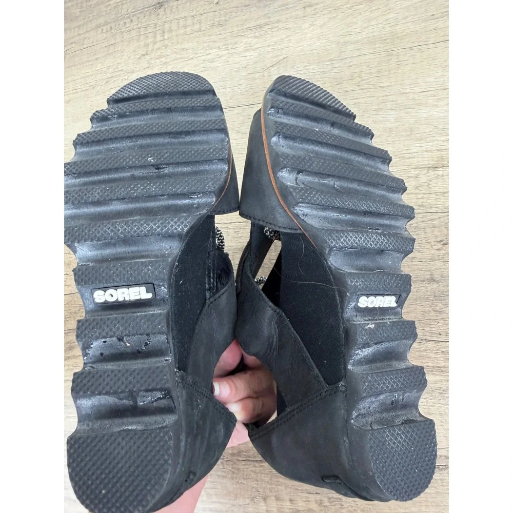 Sorel Joanie Lace Black Leather Wedge Sandals NL2453-010 Womens 8